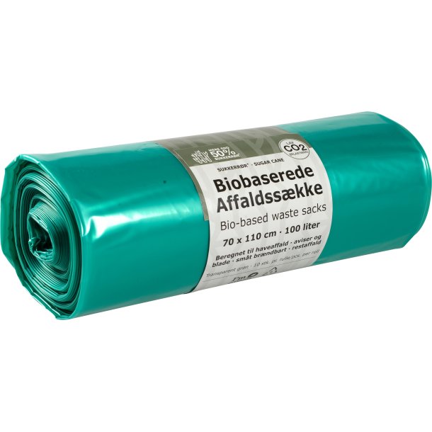 Biobasererede skke, 100 l, transparent grn, LDPE/sukkerrr, 70x110cm, 25% Grn PE + 75% Virgin LDPE