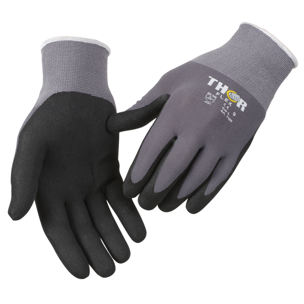 Handske, fingerdyppet nitril, THOR Flex, 9, sort, polyester/nitril, lycra overhnd