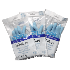 Handske, gummi/Latex DPL Nova 45, M, bl, latex, indvendig velourisering